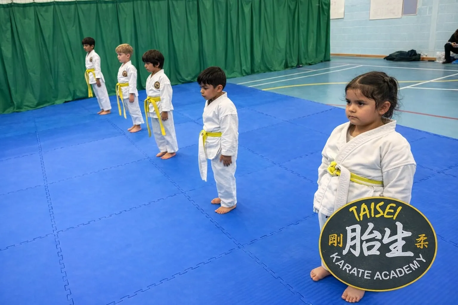 Kids lined up in stance during a class at the sports hall